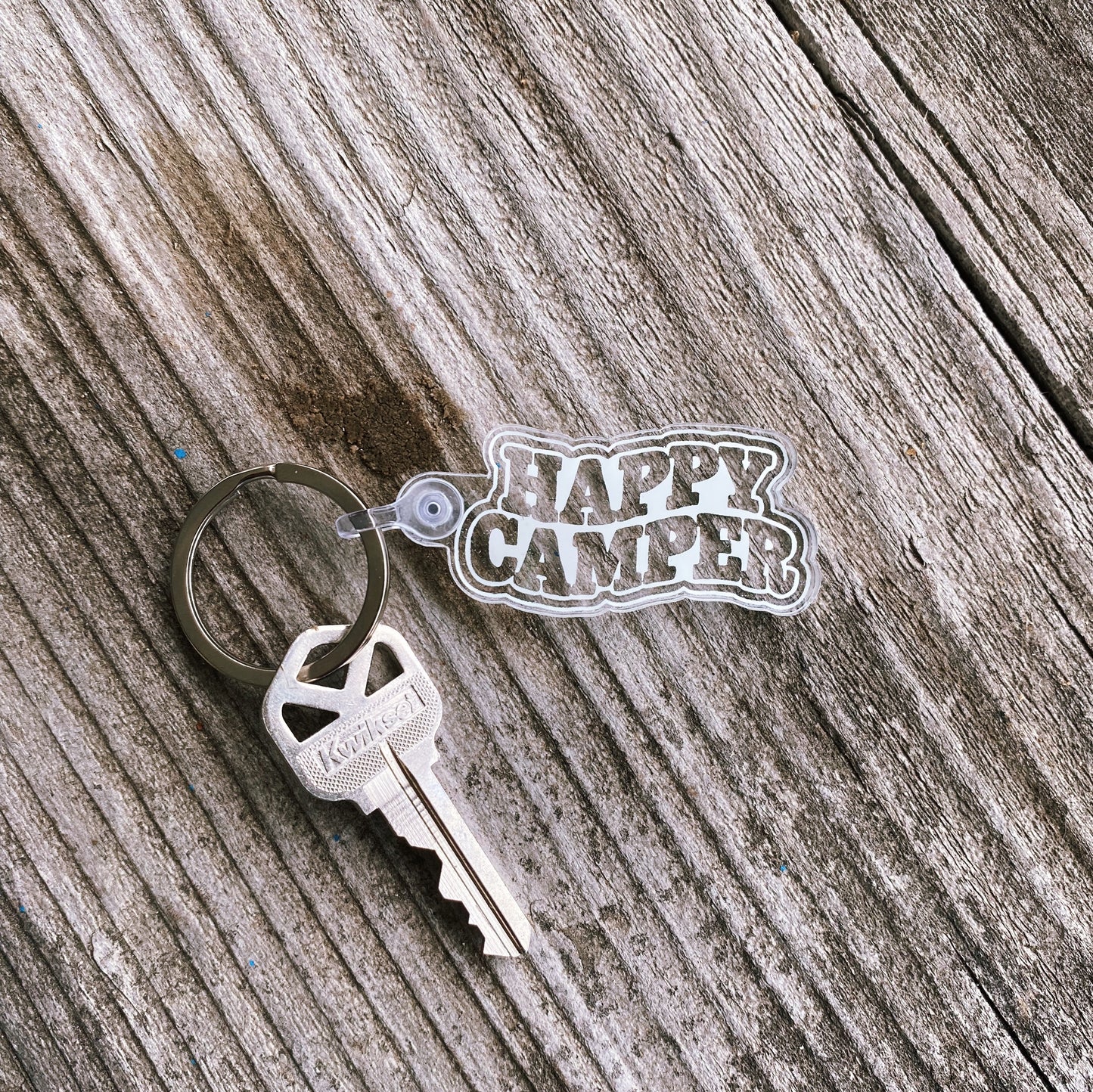 White Happy Camper Keychain
