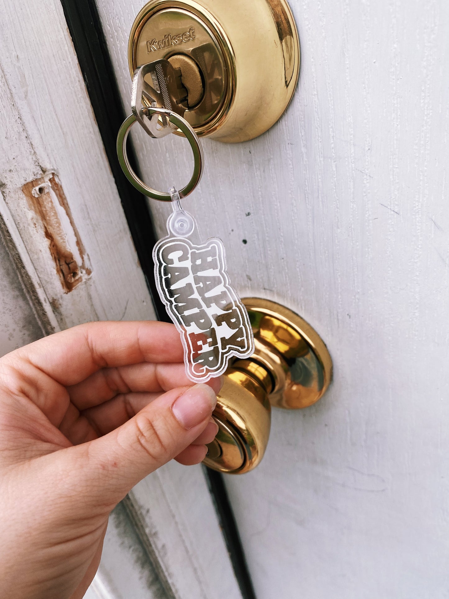 White Happy Camper Keychain
